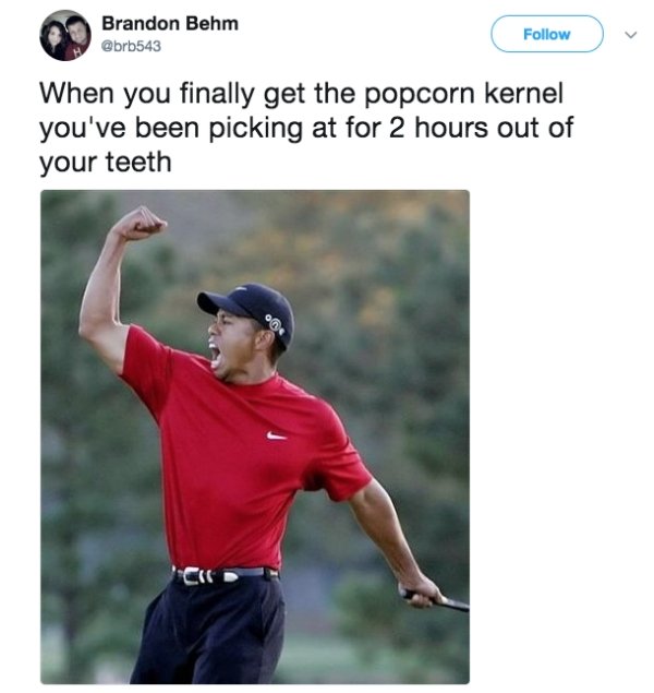 tiger woods fist pump - Brandon Behm When you finally get the popcorn kernel you've been picking at for 2 hours out of your teeth