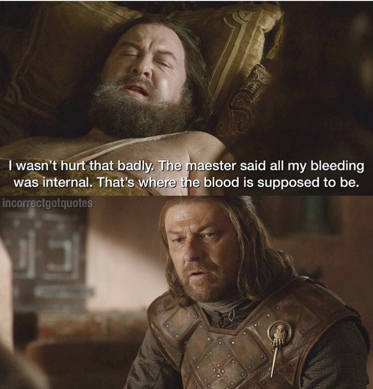 bobby b game of thrones - I wasn't hurt that badly. The maester said all my bleeding, was internal. That's where the blood is supposed to be. incorrectgotquotes