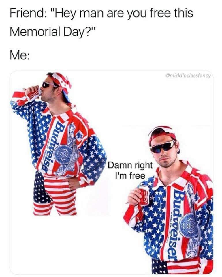 you free this memorial day meme - Friend "Hey man are you free this Memorial Day?" Me Budweiser Damn right I'm free Budweiser