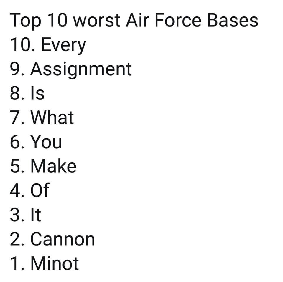 sat test questions examples - Top 10 worst Air Force Bases 10. Every 9. Assignment 8. Is 7. What 6. You 5. Make 4. Of 3. It 2. Cannon 1. Minot