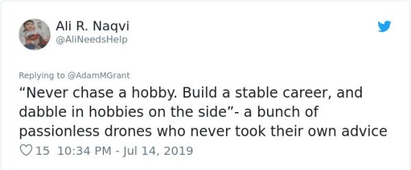 diagram - Ali R. Naqvi "Never chase a hobby. Build a stable career, and dabble in hobbies on the side" a bunch of passionless drones who never took their own advice 15