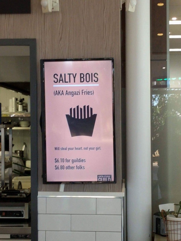 poster - Salty Bois Aka Angazi Fries Will steal your heart, not your girl. $6.10 for guildies $6.80 other folks