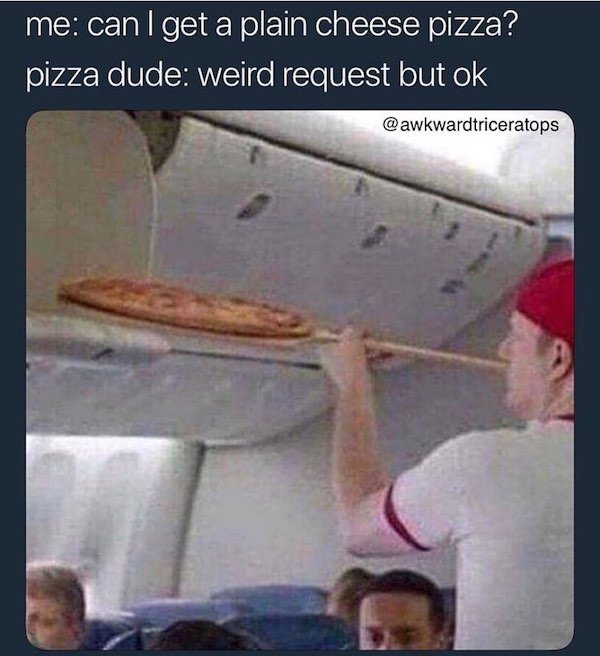 pizza airplane meme - me can I get a plain cheese pizza? pizza dude weird request but ok