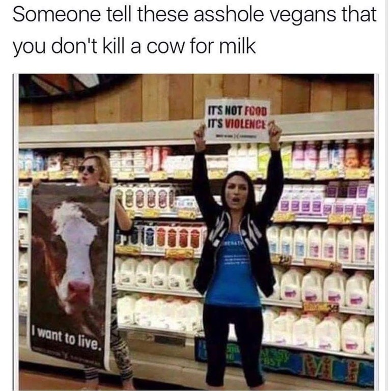 vegans protesting milk - Someone tell these asshole vegans that you don't kill a cow for milk Its Not Food Its Violence I want to live.