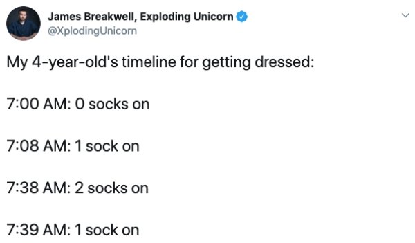 document - James Breakwell, Exploding Unicorn My 4yearold's timeline for getting dressed 0 socks on 1 sock on 2 socks on 1 sock on