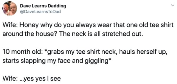 document - Dave Learns Dadding Wife Honey why do you always wear that one old tee shirt around the house? The neck is all stretched out. 10 month old grabs my tee shirt neck, hauls herself up, starts slapping my face and giggling Wife ...yes yes I see