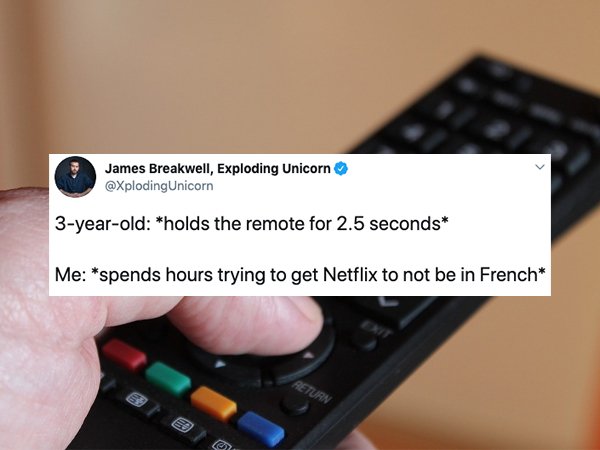 James Breakwell, Exploding Unicorn Unicorn 3yearold holds the remote for 2.5 seconds Me spends hours trying to get Netflix to not be in French