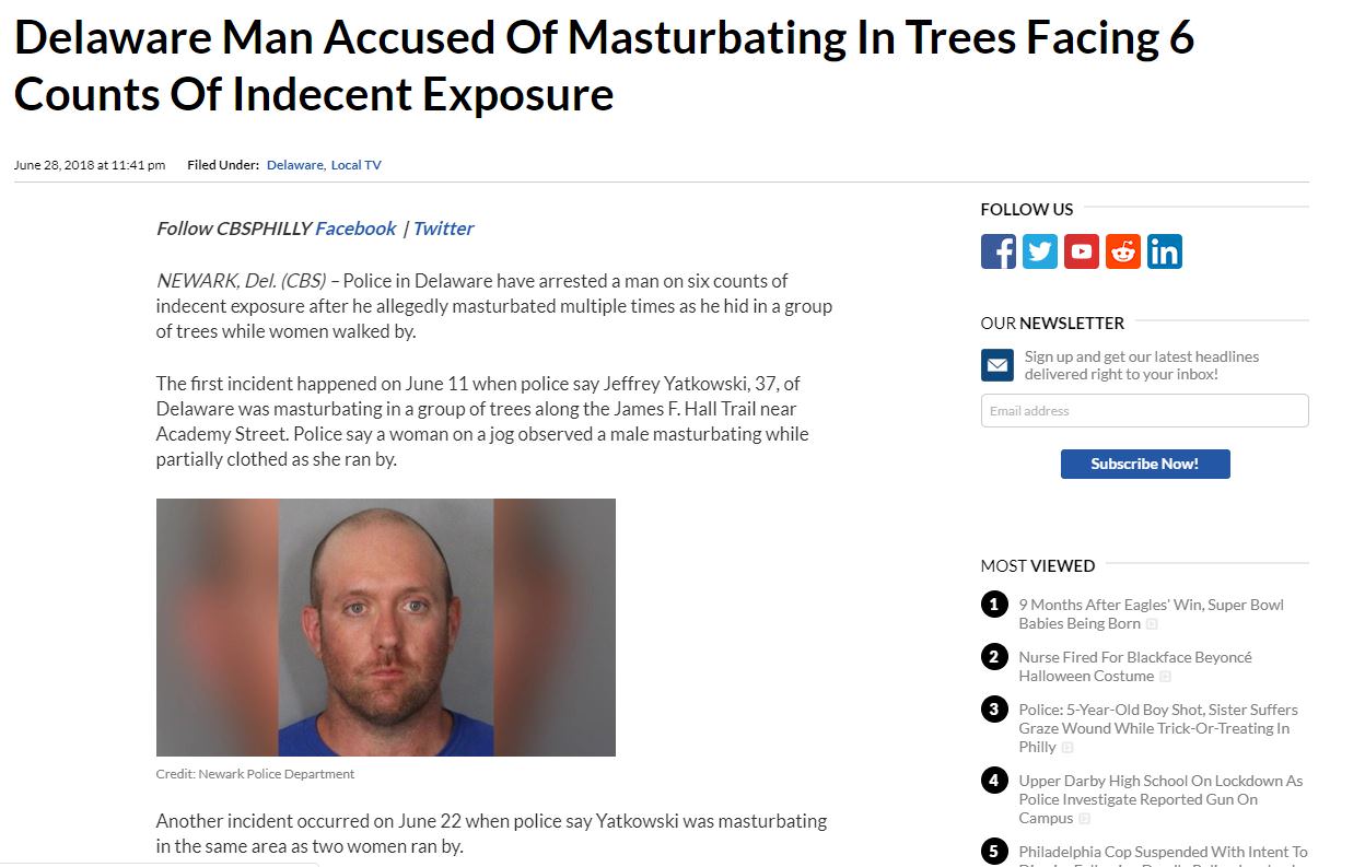 web page - Delaware Man Accused Of Masturbating In Trees Facing 6 Counts Of Indecent Exposure at Filed Under Delaware, Local Tv Us Cbsphilly Facebook | Twitter go in Newark, Del. Cbs Police in Delaware have arrested a man on six counts of indecent exposur