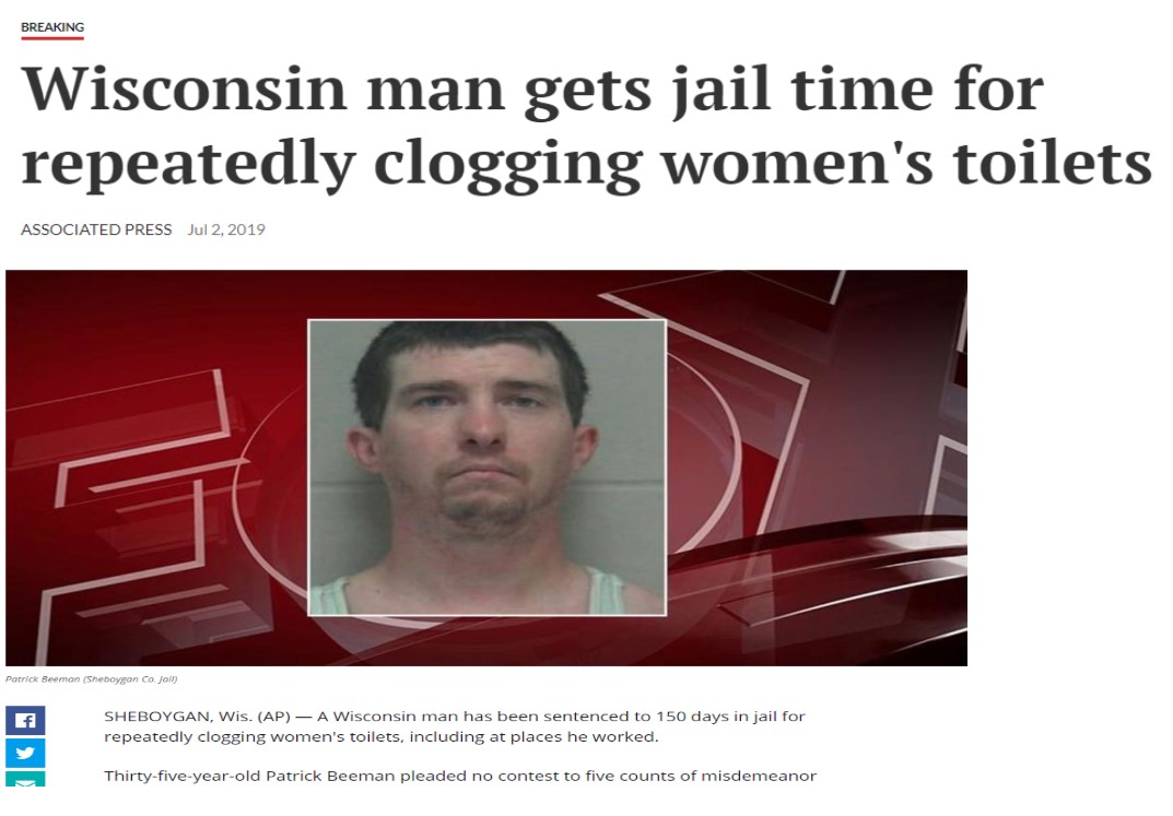 pledge of allegiance words - Breaking Wisconsin man gets jail time for repeatedly clogging women's toilets Associated Press Patrick Beeman Sheboygan Co joil Sheboygan, Wis. Ap A Wisconsin man has been sentenced to 150 days in jail for repeatedly clogging 