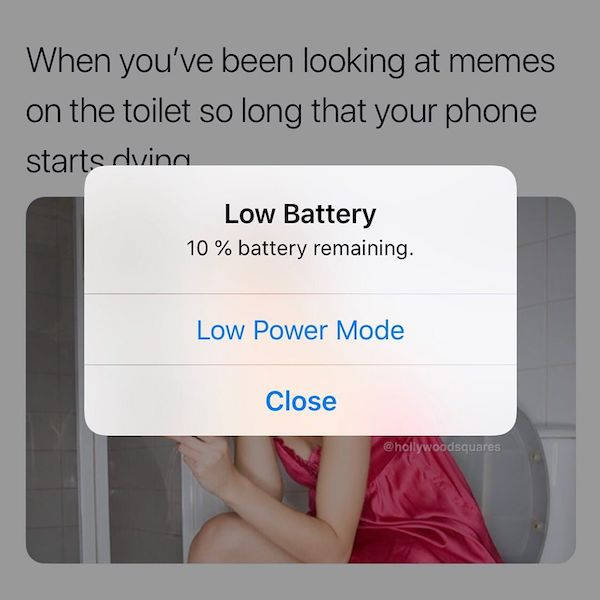 media - When you've been looking at memes on the toilet so long that your phone starts dvina Low Battery 10 % battery remaining. Low Power Mode Close