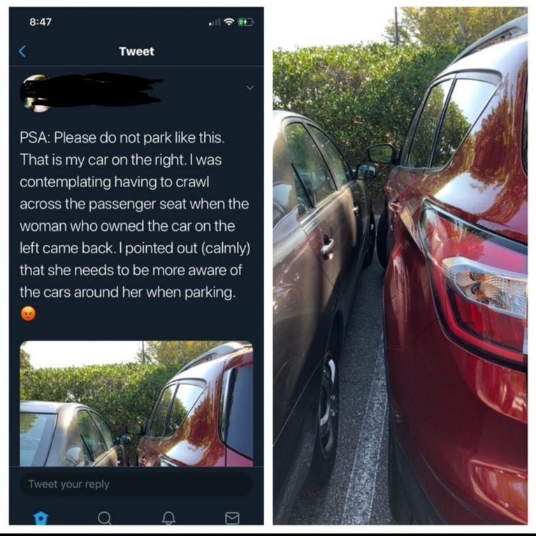 family car - Tweet Psa Please do not park this. That is my car on the right. I was contemplating having to crawl across the passenger seat when the woman who owned the car on the left came back. I pointed out calmly, that she needs to be more aware of the