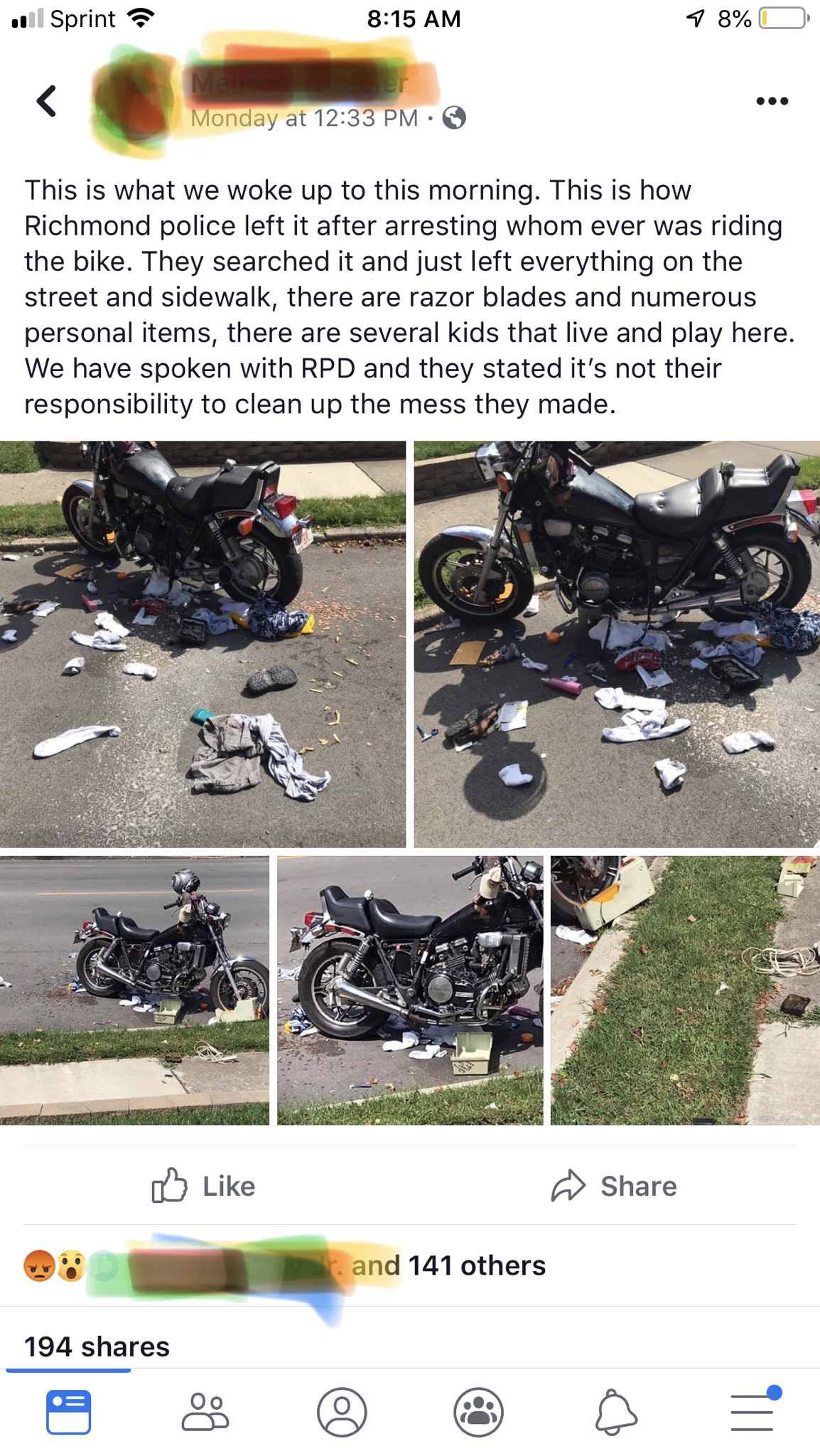 facebook richmond police arrest razor blades motorcycle - Sprint 78% moy at This is what we woke up to this morning. This is how Richmond police left it after arresting whom ever was riding the bike. They searched it and just left everything on the street