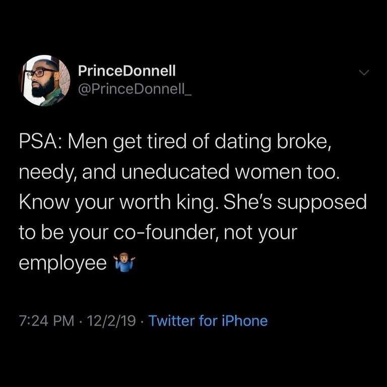 lonzo ball has more songs in spotify - PrinceDonnell Psa Men get tired of dating broke, needy, and uneducated women too. Know your worth king. She's supposed to be your cofounder, not your employee inci 12219. Twitter for iPhone