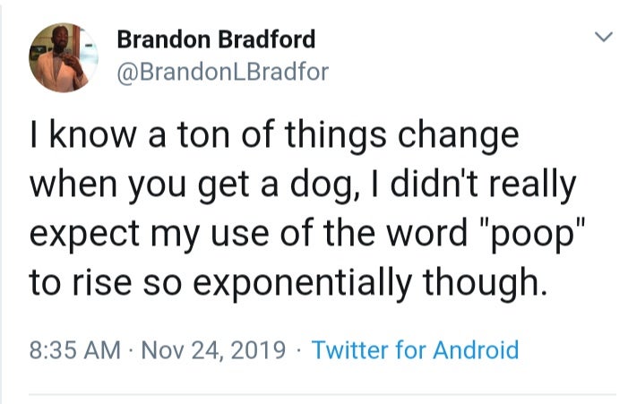 document - Brandon Bradford I know a ton of things change when you get a dog, I didn't really expect my use of the word "poop" to rise so exponentially though. Twitter for Android