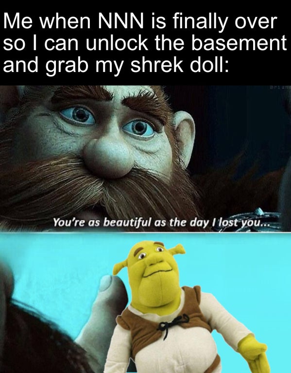 photo caption - Me when Nnn is finally over so I can unlock the basement and grab my shrek doll You're as beautiful as the day I lost you....