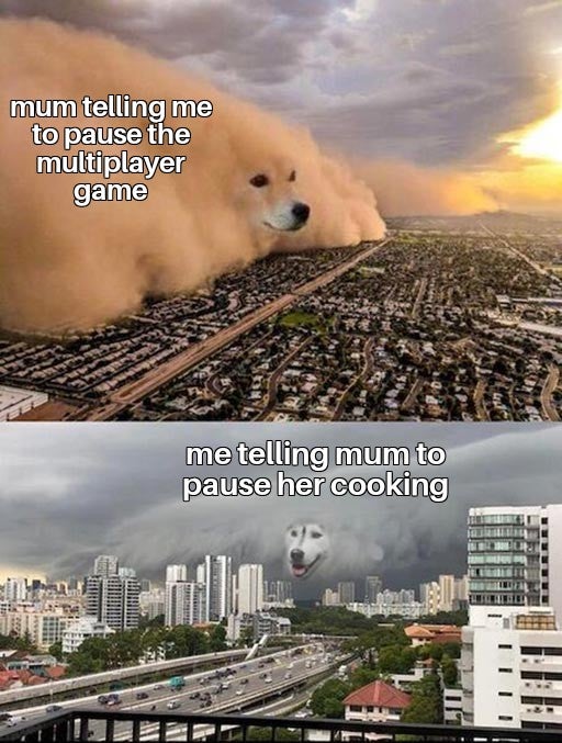 dog sandstorm meme template - mum telling me to pause the multiplayer game me telling mum to pause her cooking |