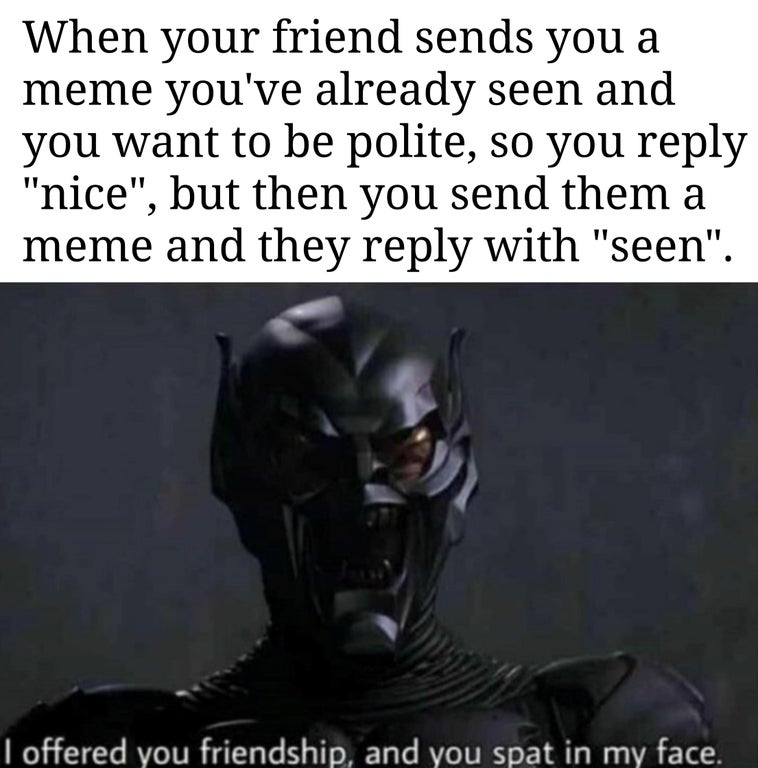 misery misery misery - When your friend sends you a meme you've already seen and you want to be polite, so you "nice", but then you send them a meme and they with "seen". I offered you friendship, and you spat in my face.