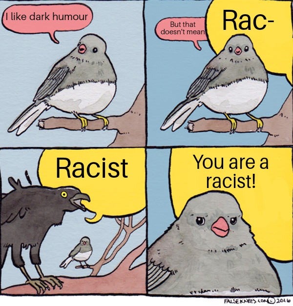 Reddit - dark humour Rac But that doesn't mean for haved Racist You are a racist! rest Falseknees No 2016