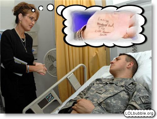 "what did i want to tell wounded soldiers... oh yea, lemme just look at my hand"