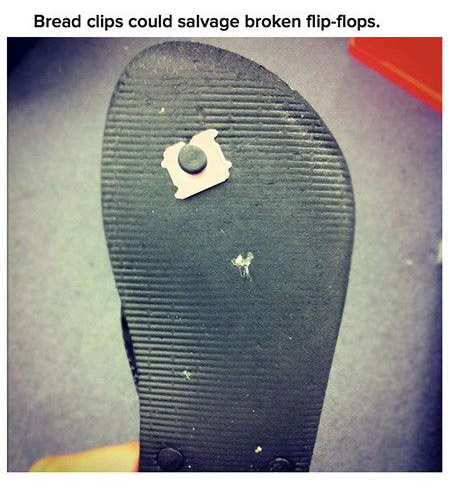 fix flip flop with bread clip - Bread clips could salvage broken flipflops.