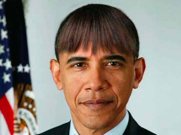 U.S. President Barack Obama makes light of his wife's bangs with a mock picture of himself sporting the same hairdo in this humorous photo created by the White House and shown at the annual White House Correspondents' Association dinner in April.