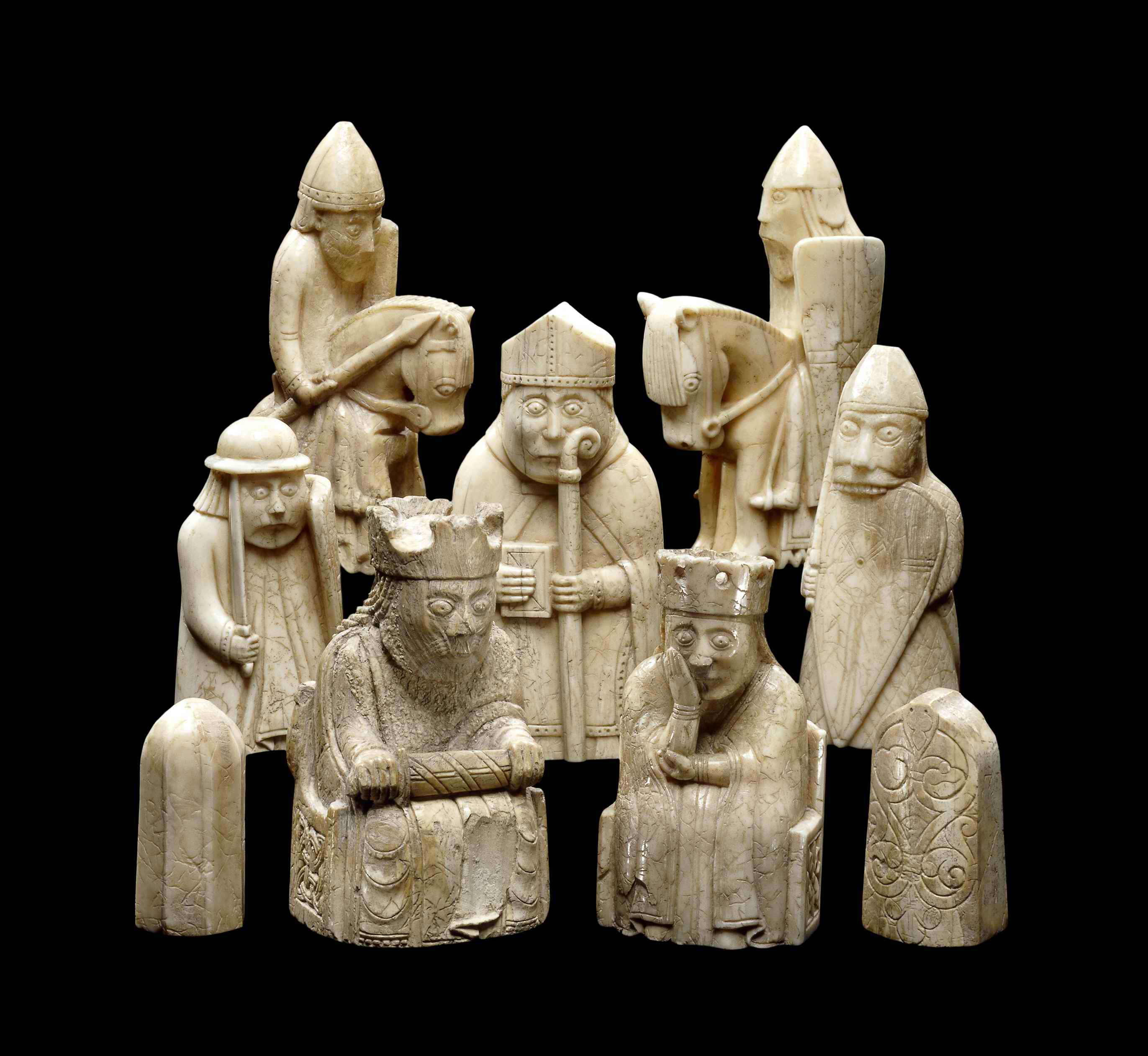 Lewis chessmen - 12th century chess pieces, most of which are carved in walrus ivory.