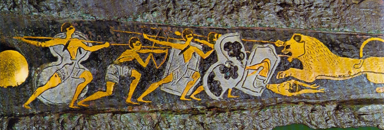 Gold  Silver on Bronze Mycenaean "Lion Hunt" burial dagger. Grave Circle A, Mycenae, Greece 16th century BC