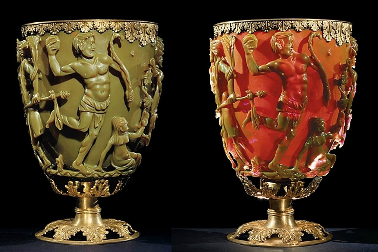 Lycurgus Cup - roman, 4th century goblet which changes colour when held up to the light.