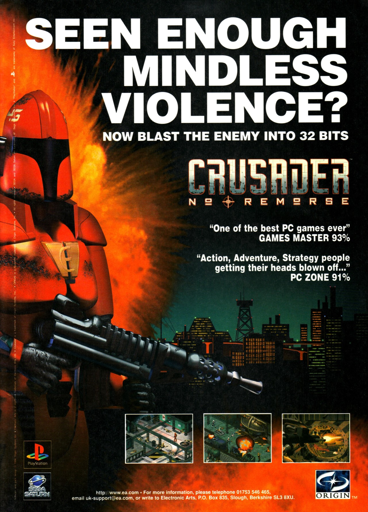 crusader no remorse box - Seen Enough Mindless Violence? Now Blast The Enemy Into 32 Bits Causader Remdr 5 E "One of the best Pc games ever" Games Master 93% "Action, Adventure, Strategy people getting their heads blown off..." Pc Zone 91% Le Origin