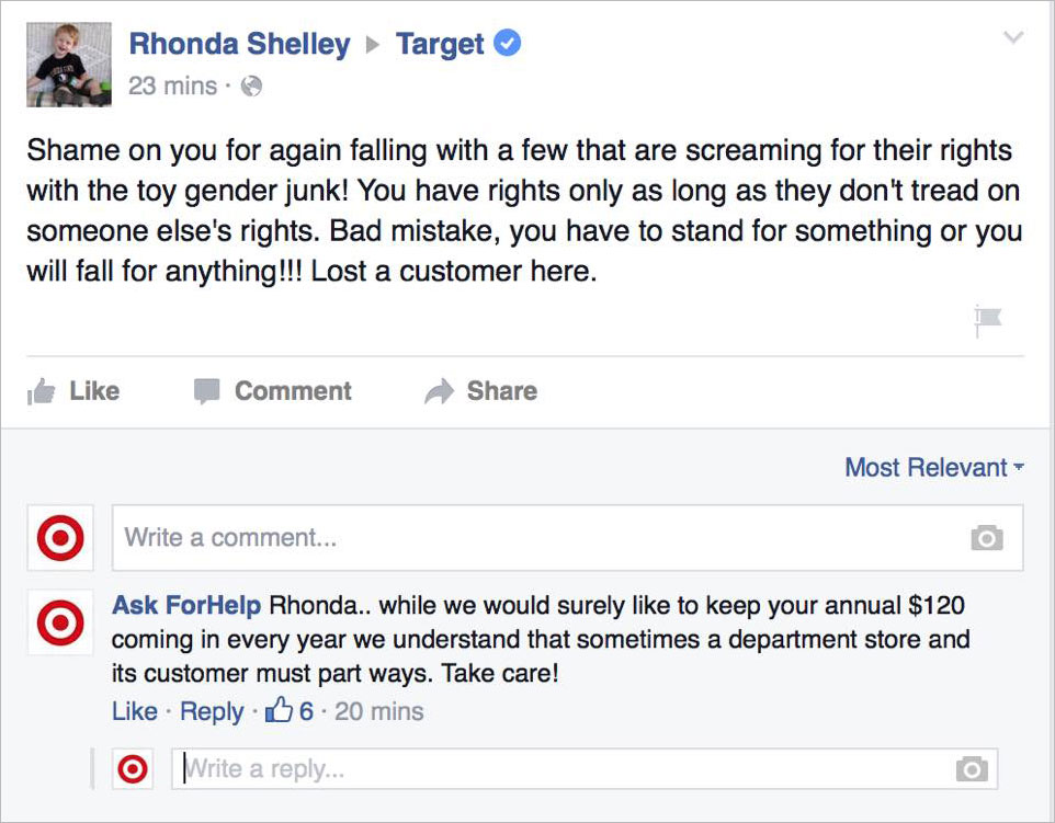 Rhonda Shelley 23 mins. Target Shame on you for again falling with a few that are screaming for their rights with the toy gender junk! You have rights only as long as they don't tread on someone else's rights. Bad mistake, you have to stand for something…