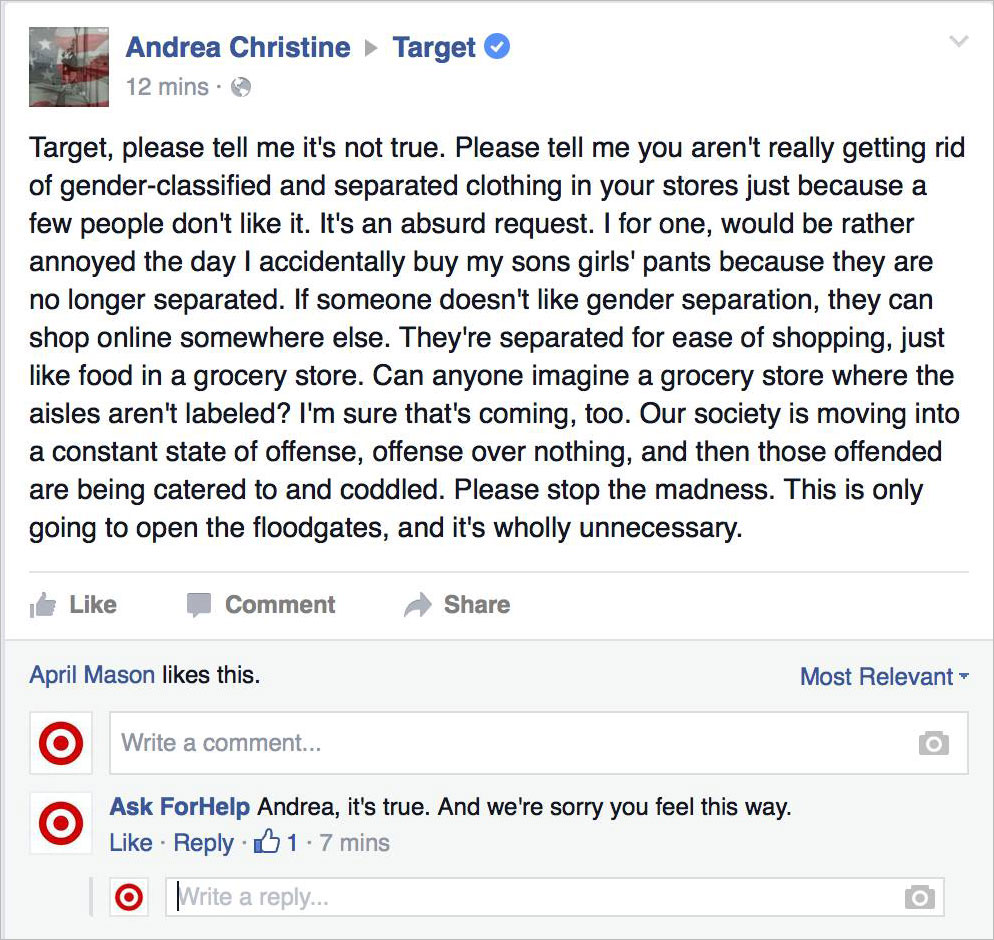 troll target - Target Andrea Christine 12 mins. Target, please tell me it's not true. Please tell me you aren't really getting rid of genderclassified and separated clothing in your stores just because a few people don't it. It's an absurd request. I for 