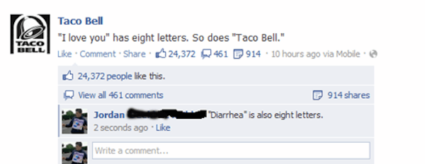 funny social media comments - Taco Bell "I love you" has eight letters. So does "Taco Bell." Comment 24,372 461 P 914 . 10 hours ago via Mobile 24,372 people this. View all 461 Jordan 2 seconds ago 914 Diarrhea is also eight letters. Write a comment...