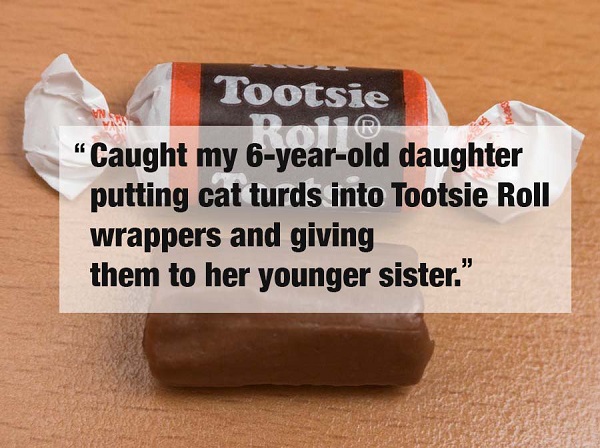 confectionery - Tootsie "Caught my 6yearold daughter putting cat turds into Tootsie Roll wrappers and giving them to her younger sister."