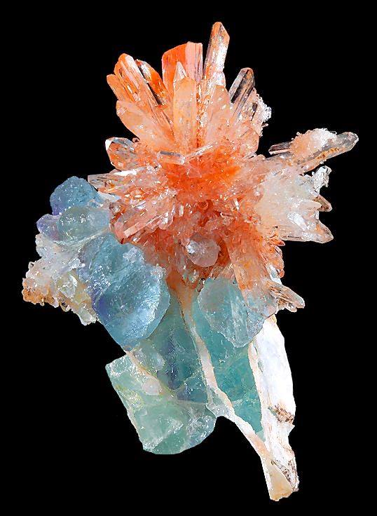 orange creedite & blue green fluorite crystal