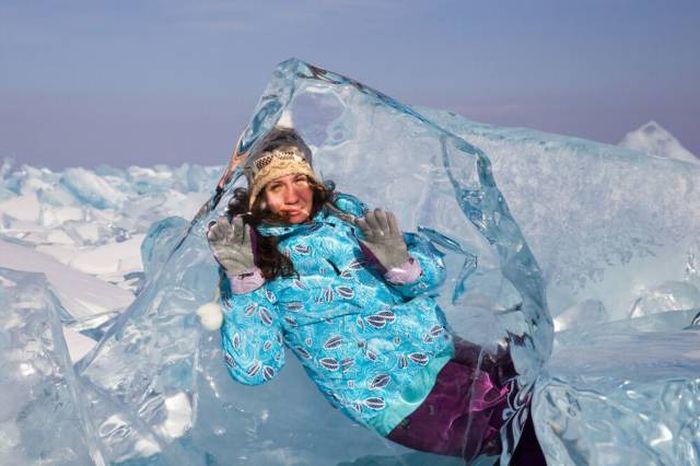Funny picture of girl that looks like she is stuck in an ice cube