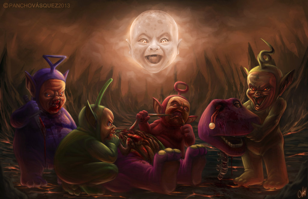 Awesome dark picture of Teletubbies eating Barney like a pack of wild wolves.