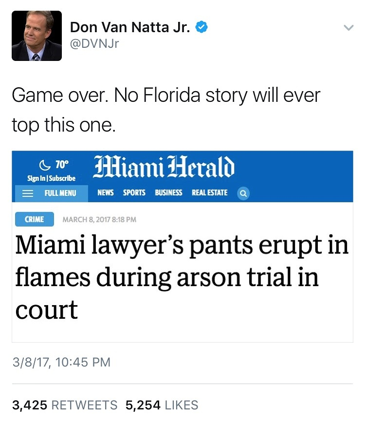Article about a Miami lawyer who's pants erupted on fire in arson trial.