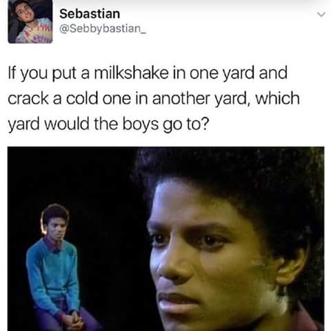 Sad Michael Jackson meme about what happens if you put a Milkshake in one yard, and crack open a cold one in another...