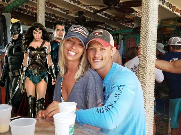 Wonderwoman, Batman and Superman replace the fat dude in the engagement party pic