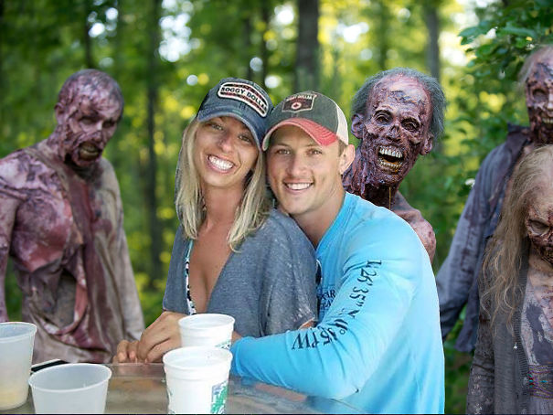 Zombies background of photoshopped engaged couple