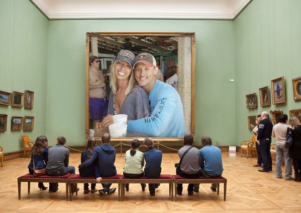 Photoshopped could that just got engaged with fat dude behind them on view on all the artwork in a museum.
