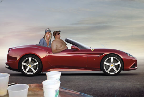 Fat dude and the girl are photoshopped into a hot convertable.
