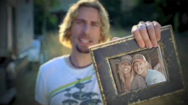Nickelback presenting the couple's photo without the fat dude in the background