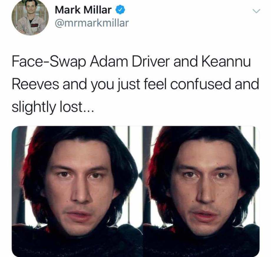 kylo ren keanu reeves - Mark Millar FaceSwap Adam Driver and Keannu Reeves and you just feel confused and slightly lost...