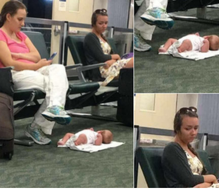 trashy people - baby on floor in airport