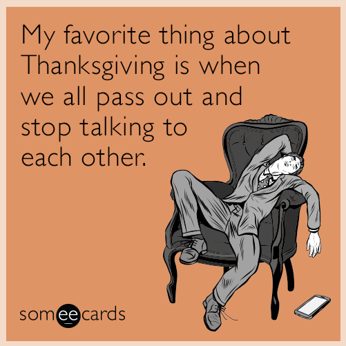 thanksgiving memes - funny thanksgiving memes - My favorite thing about Thanksgiving is when we all pass out and stop talking to each other. someecards