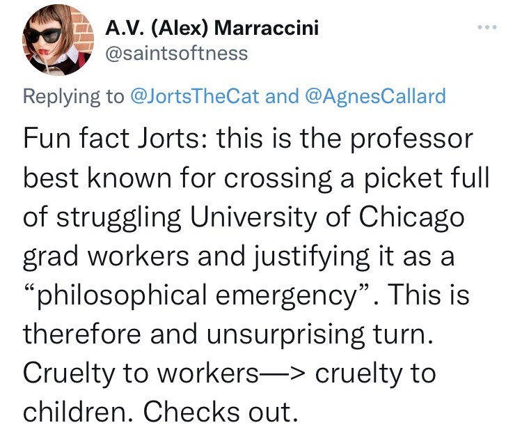 mom throws out halloween candy - angle - A.V. Alex Marraccini and Fun fact Jorts this is the professor best known for crossing a picket full of struggling University of Chicago grad workers and justifying it as a "philosophical emergency". This is therefo