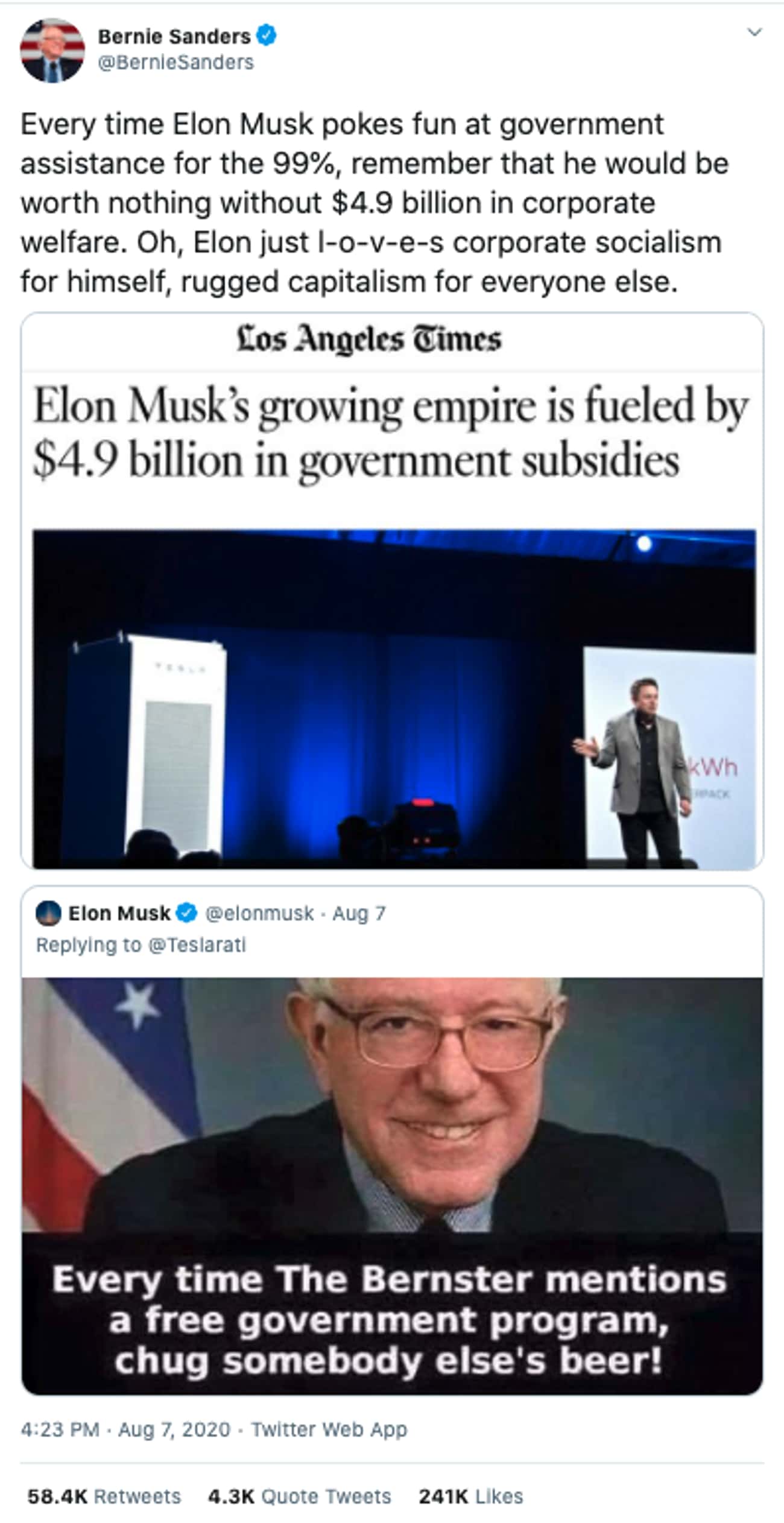 celebs savage replies - media - Bernie Sanders Sanders Every time Elon Musk pokes fun at government assistance for the 99%, remember that he would be worth nothing without $4.9 billion in corporate welfare. Oh, Elon just loves corporate socialism for hims