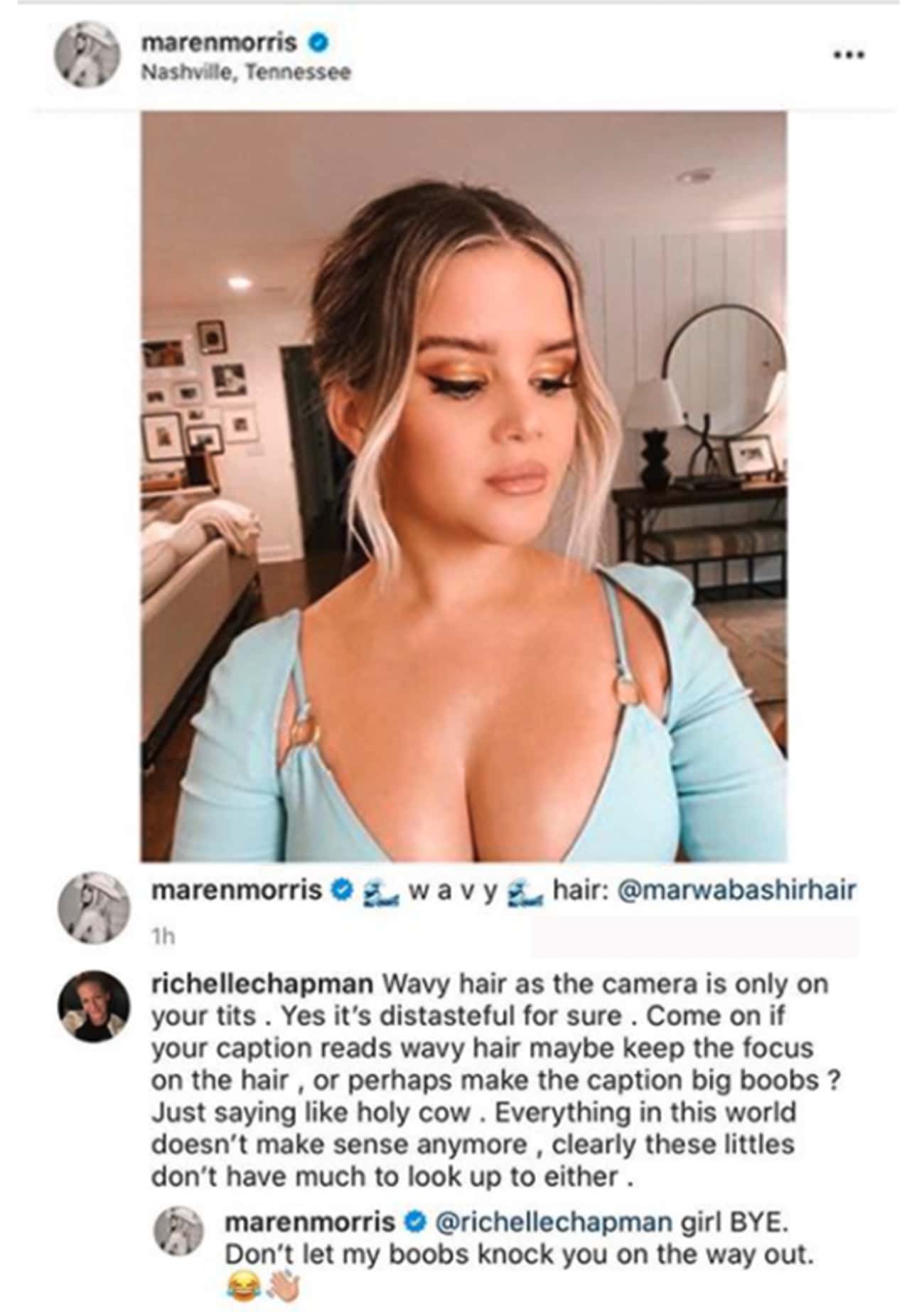 celebs savage replies - shoulder - marenmorris. Nashville, Tennessee marenmorris wavy hair 1h richellechapman Wavy hair as the camera is only on your tits. Yes it's distasteful for sure. Come on if your caption reads wavy hair maybe keep the focus on the 