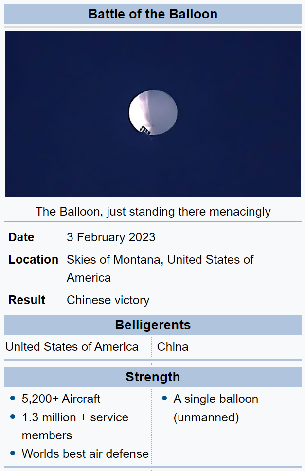 Chinese spy balloon memes - atmosphere - Battle of the Balloon The Balloon, just standing there menacingly Date Location Skies of Montana, United States of America Result Chinese victory Belligerents United States of America China 5,200 Aircraft Strength 